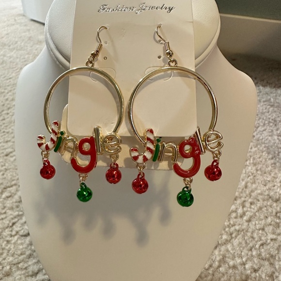 NEW Women’s JINGLE Red Green Gold Hoop Holiday Christmas Earrings Jewelry - Picture 2 of 3